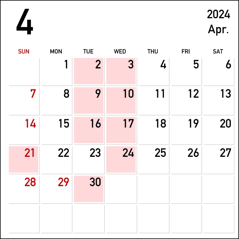 2024年4・5月営業カレンダー｜お知らせ｜愛媛県松山市の注文住宅の